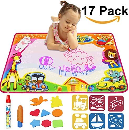 EXSPORT Upgrade Aqua Doodle Mat 4 Color Children Water Magic Drawing Book Mat Board &amp; 2 Magic Pens &amp; 14 drawing formwork Doodle Kids Educational Toy Gift for Boys Girls 31.5" x 23.6"
