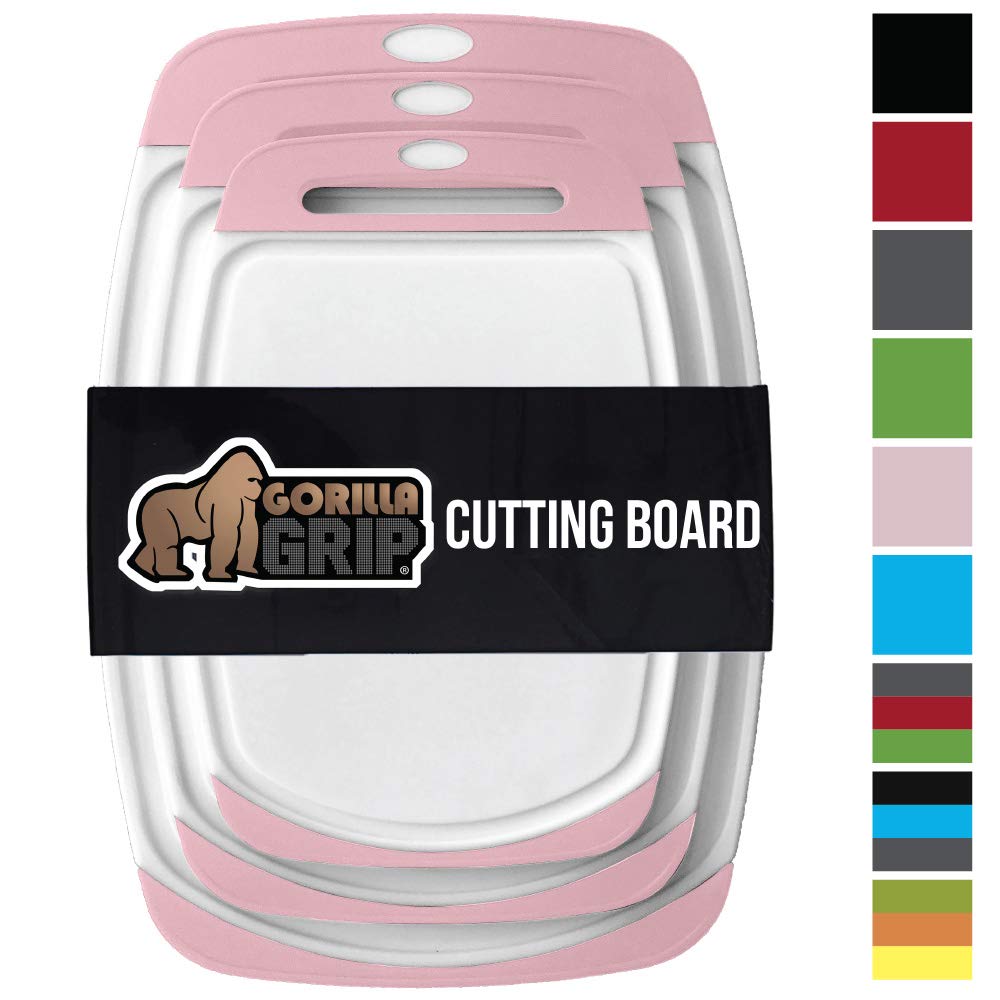 GORILLA GRIP Original Reversible Cutting Board (3-Piece), BPA Free, Juice Grooves, Larger Thicker Boards, Easy Grip Handle, Dishwasher Safe, Non-Porous, Extra Large, Kitchen (Set of Three: White/Pink)