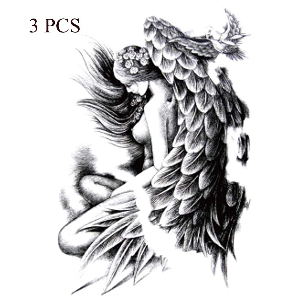 Yesallwas 3 Sheets Large Temporary Tattoo Sticker Fake Tattoos for women Girls Models,waterproof Long Lasting Body Art Makeup Sexy Realistic Arm tattoos -angel, wings 5.9x8.26inche (Black)