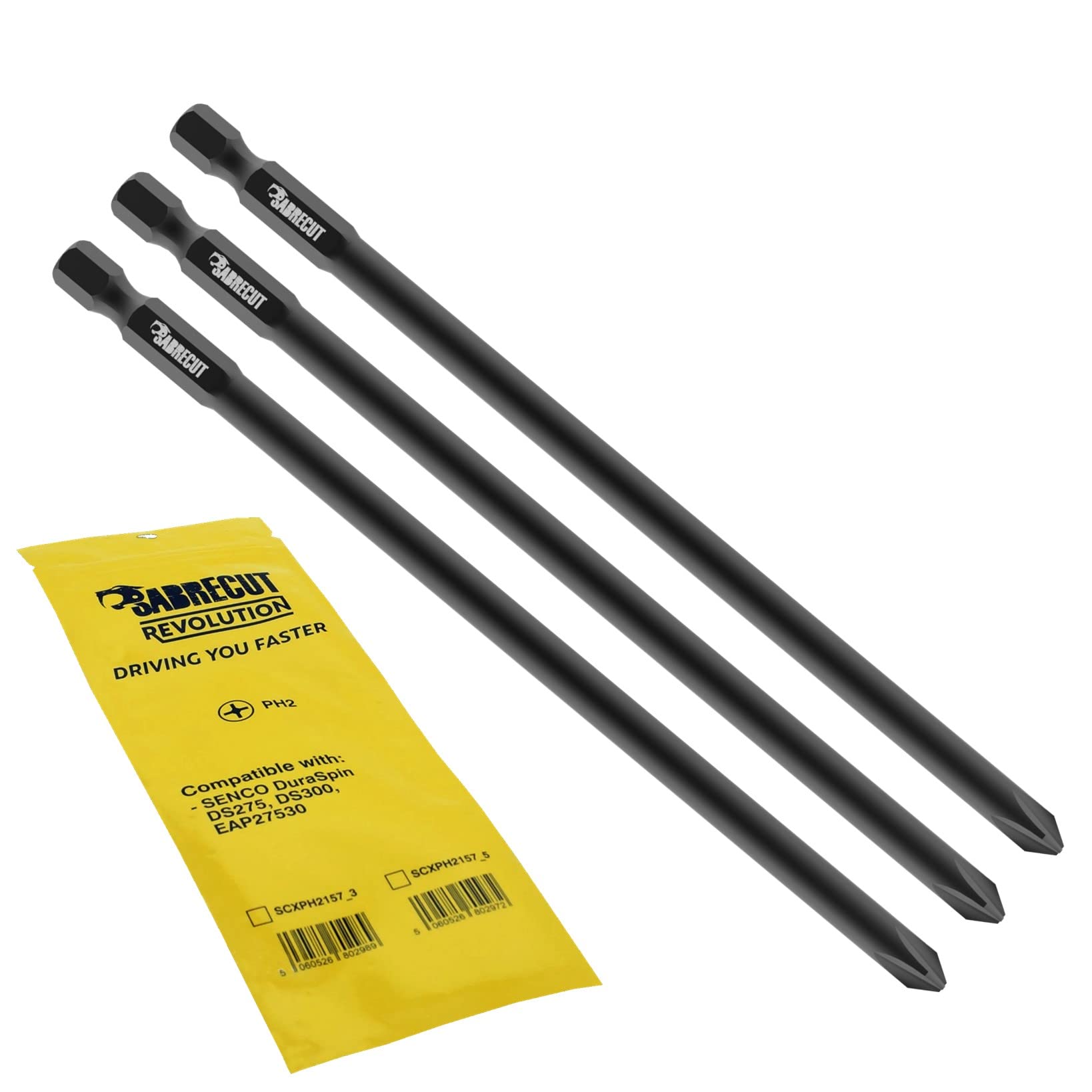 3 x SabreCut SCXPH2157_3 157mm PH2 Autofeed Collated Drywall Screwdriver Gun Bit Single Ended Phillips No.2 Heavy Duty Compatible with SENCO DuraSpin EAP27530 DS275 DS300