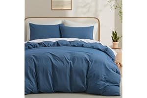 LOVQUE 100% Washed Cotton Duvet Cover Queen Size, Denim Blue Fade-Resistant Natural Bedding Set (No Comforter), 90x90 Inches
