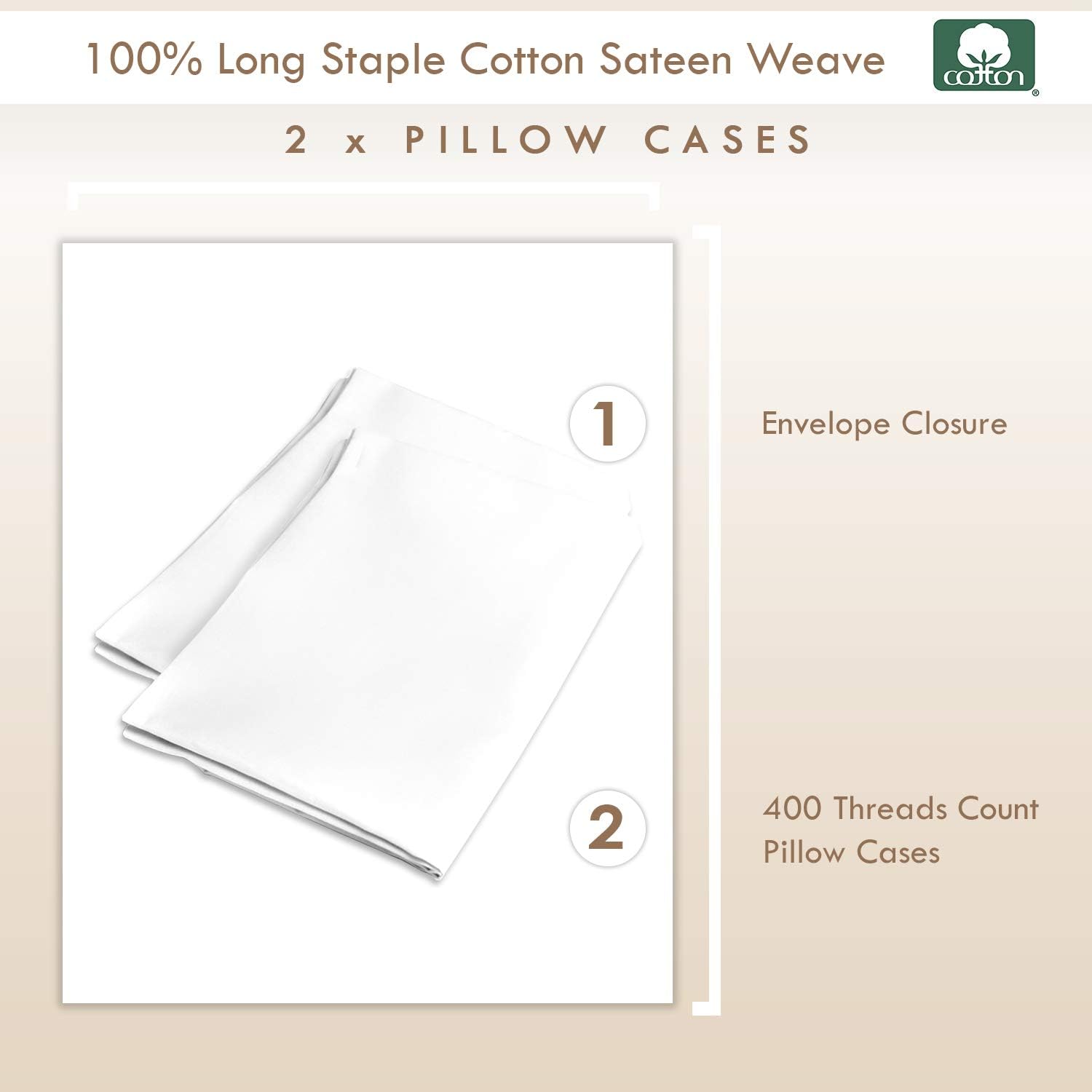 Pizuna 100% Cotton Housewife Pillowcases 2 Pack White 48x74cm, 400 Thread Count Long Staple Combed Cotton Pillow Cover - Image 4