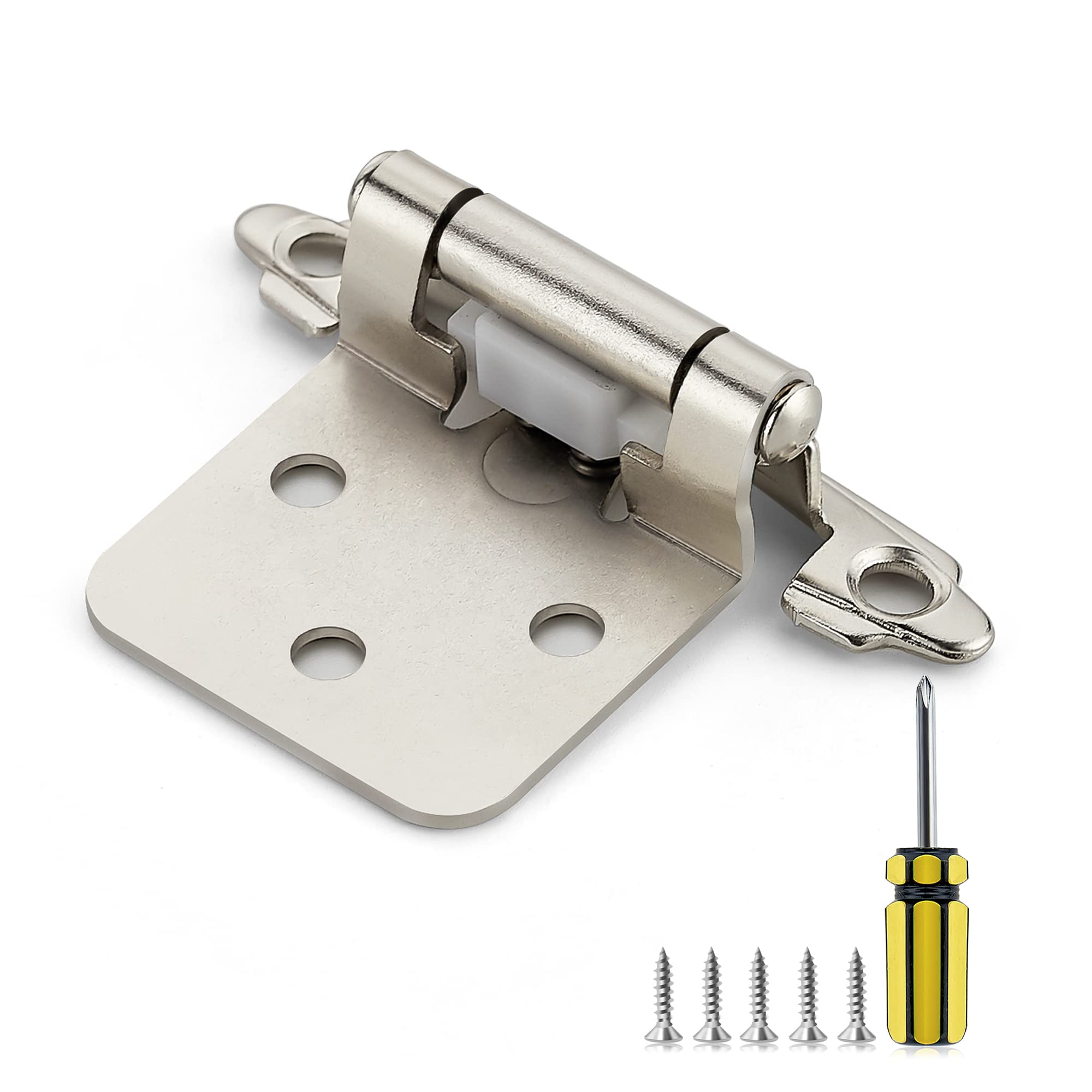 Photo 1 of Ravinte 50 Pack 25 Pairs 1/2 Inch Overlay Cabinet Door Hinges Kitchen Satin Nickel Semi-Concealed Face Mount Self-Closing Cabinet Hinges with Bumpers & Screwdriver