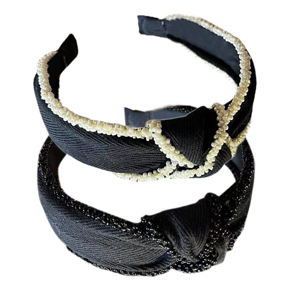 2Pcs Boho Bow Tie Knotted Fabric Headbands Knotted Hair Bands Elastic Fabric Headband Vintage Flower Headband Turban Headbands for Women Girls (Bead)