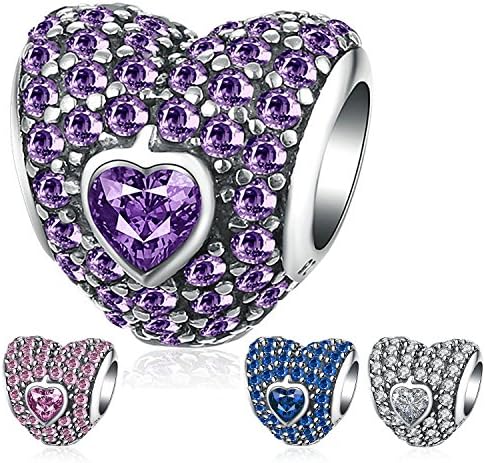 Ronglai Jewelry Sterling Silver Love Heart Bead Charm Crystal Amethyst Birthstone Paved Charms fit Snake Chain Bracelets