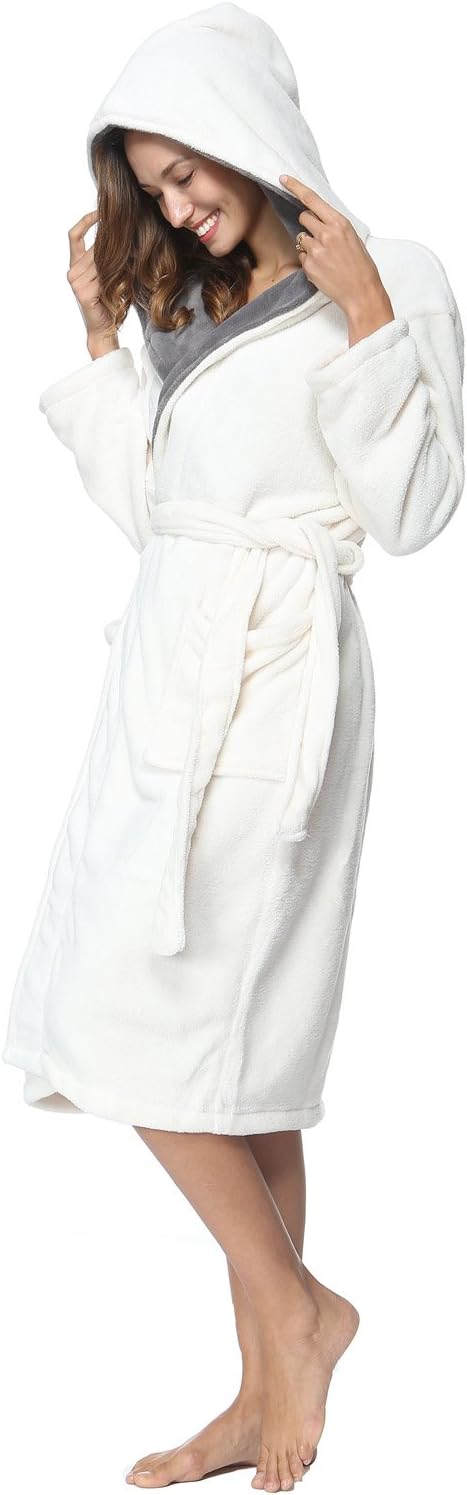Hooded Herringbone Women's Cream color Soft Spa Bathrobe with Grey Shawl Collar