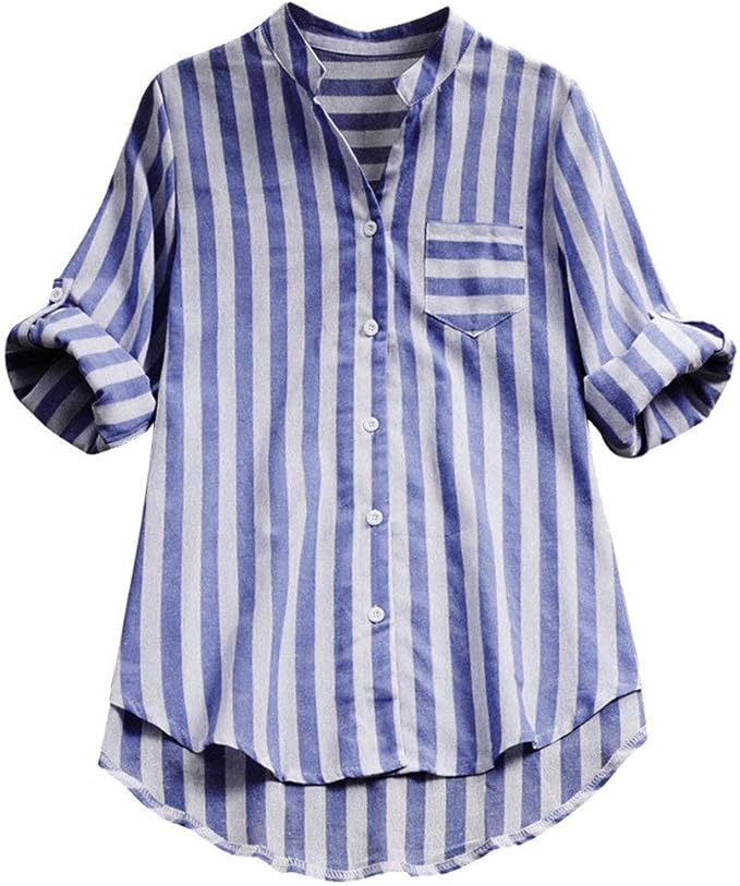 Autumn Women Loose fit Daily Home Striped Long Sleeve Shirt Cotton