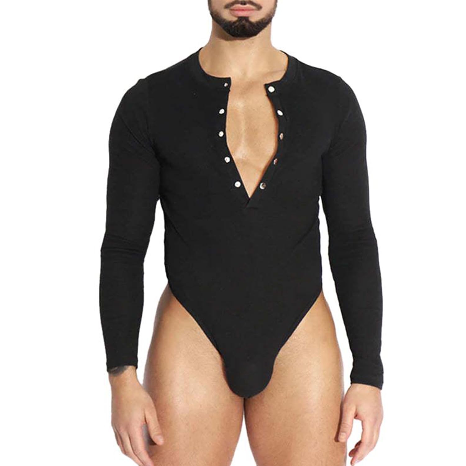 Photo 1 of Evankin Men's Sexy Thong Jumpsuit Lingerie Long Sleeve T-Shirt Tight Fitting Shapewear Elastic Bodysuit Lounge Costume(Black-S)