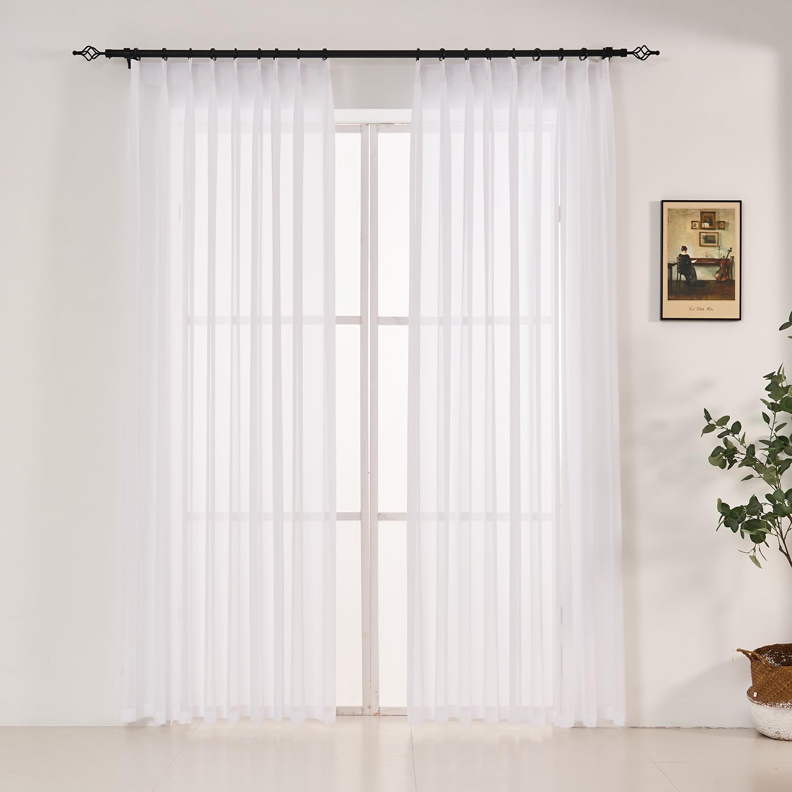 Photo 1 of LUGOTAL Pure White Sheer Curtains Pinch Pleated Curtains for Bedroom Living Room 96-inch Long 2 Panels Light Filterring Pinch Pleat Chiffon Curtain & Drapes for Sliding Glass Door, W52 x L96