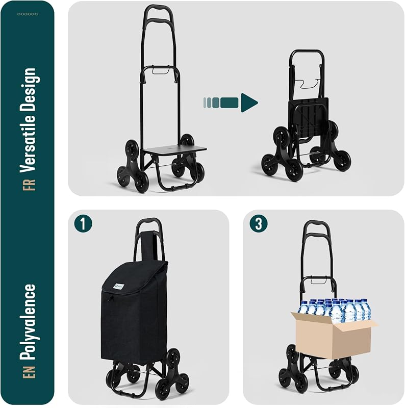 ® Carro de la Compra con 6 Ruedas para Subir Escaleras, Carrito de la Compra Plegable, Bolsa Impermeable de 32 L, Negro