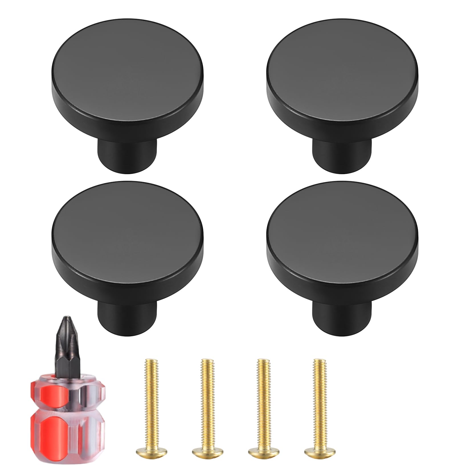 Black Brass Drawer Knobs, Round Kitchen Cabinet Pulls Door Knobs for Chest of Drawers Furniture Cupboard Dresser Wardrobe Door Handles and Knobs, with Screws and Screwdriver - 20x25 mm (4 Pcs)