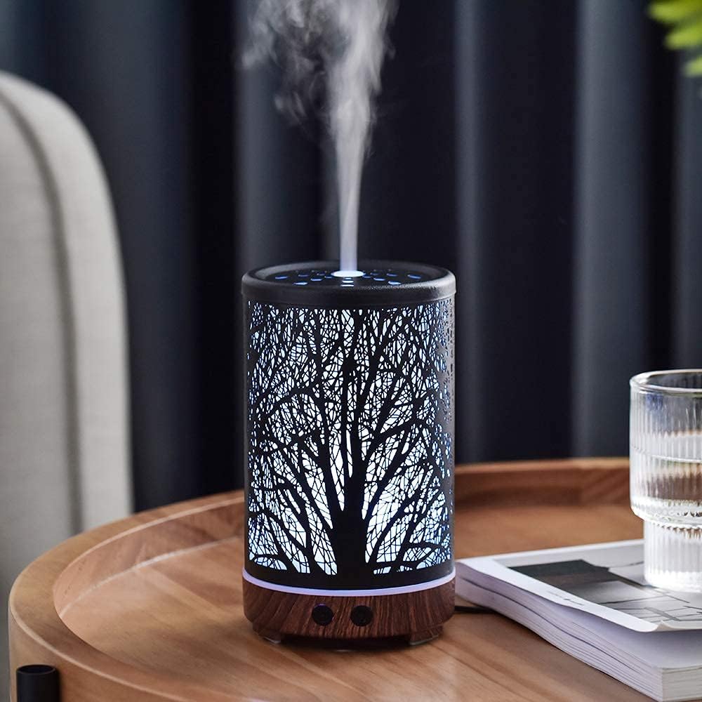 Essential Oil Diffuser, Ultrasonic Diffusers for Essential Oils 150ML Metal Aromatherapy Cool Mist Humidifier with Adjustable Mist Mode Waterless Auto Shut-Off 15 Lighting Changed Modes LED (Tree): Kitchen & Dining