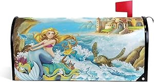 AGONA Cartoon Mermaid Fairy Tale Sea Turtle Magnetic Mailbox Cover Standard Size Mailbox Wraps Decorative MailWraps Post Letter Box Cover Garden Yard Home Decor 21