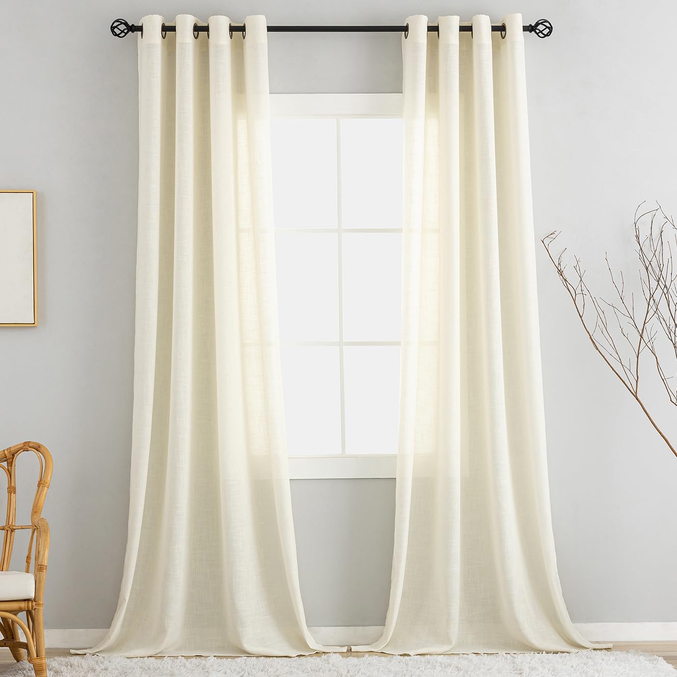VOILYBIRD Natural Linen Texture Curtains with Eyelets Linen Curtains for Windows Living Room (Cream, H x W 160 x 140 cm, Pack of 2)