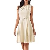 Allegra K Work Dresses for Womens Elegant Sleeveless Pleated Crew Neck Tie Waist A-line Business Casual Dress
