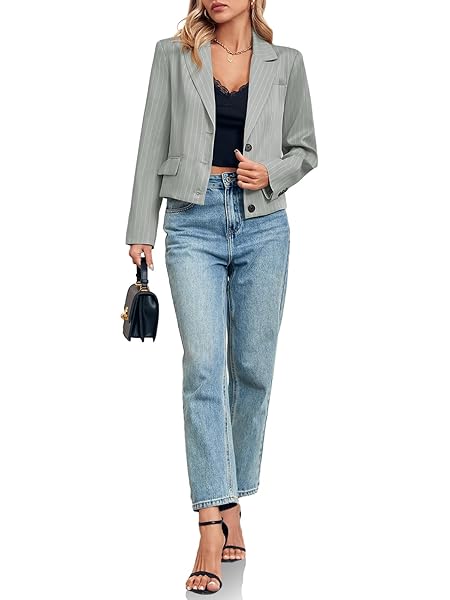 CICY BELL WOMENS CROPPED STRIPED BLAZER CASUAL LONG SLEEVE LAPEL BUTTON DOWN WORK BLAZER JACKETS GREY