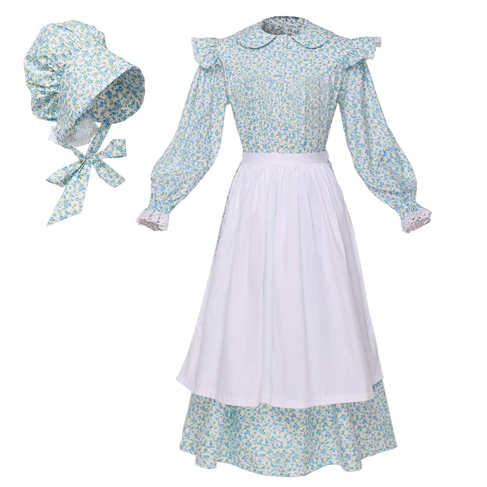 GRACEART Victorian Costume School Pioneer Colonial Outfit Prairie Dress 99.99% Cotton (US-12, Light Blue) — image 1