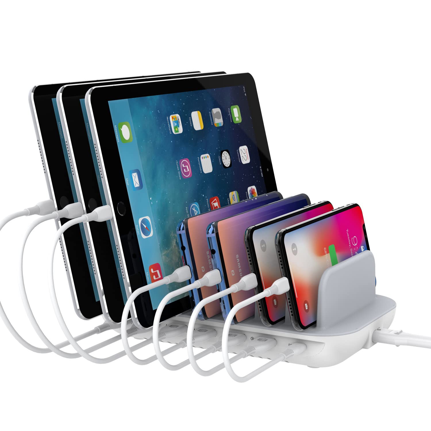 SOOPII 70W 7 Port Charging Station for Multiple Devices, Charger Station with One 30W PD Port for Laptops,7 Mixed Charging Cables Included,and 6 USB Ports for Smart Phones,Tablets