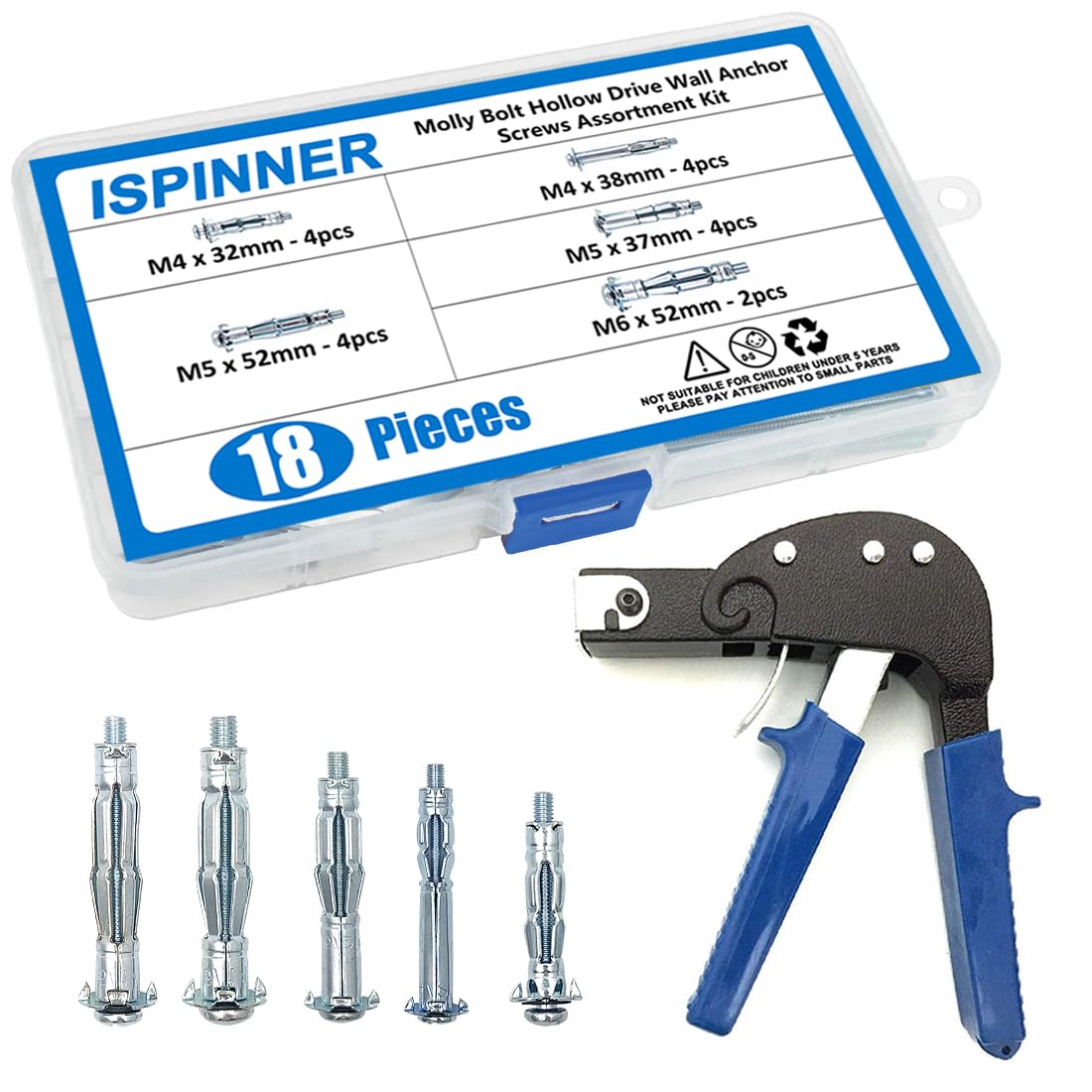 ISPINNER Heavy Duty Gun Metal Molly Bolt Hollow Drive Wall Anchor Setting Tool with 18pcs Assortment Kit for Cavity Anchor Plasterboard Fixing