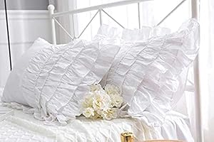 Meaning4 White Pillow Shams with Frilly Ruffles and Pinch Pleated King Size Pillowcases Cotton Pillow Covers36 X20 2pcs Shabby Chic Princess