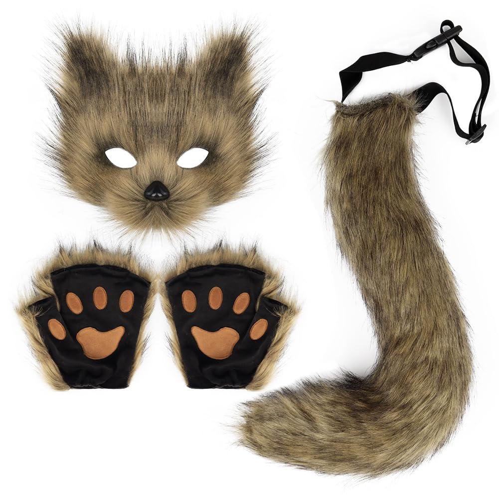 DRESHOW Faux Fur Fox Tail Fluffy Cat Wolf Cosplay Costume Plush Mask Paw Gloves Set Halloween Christmas Party for Women — image 1