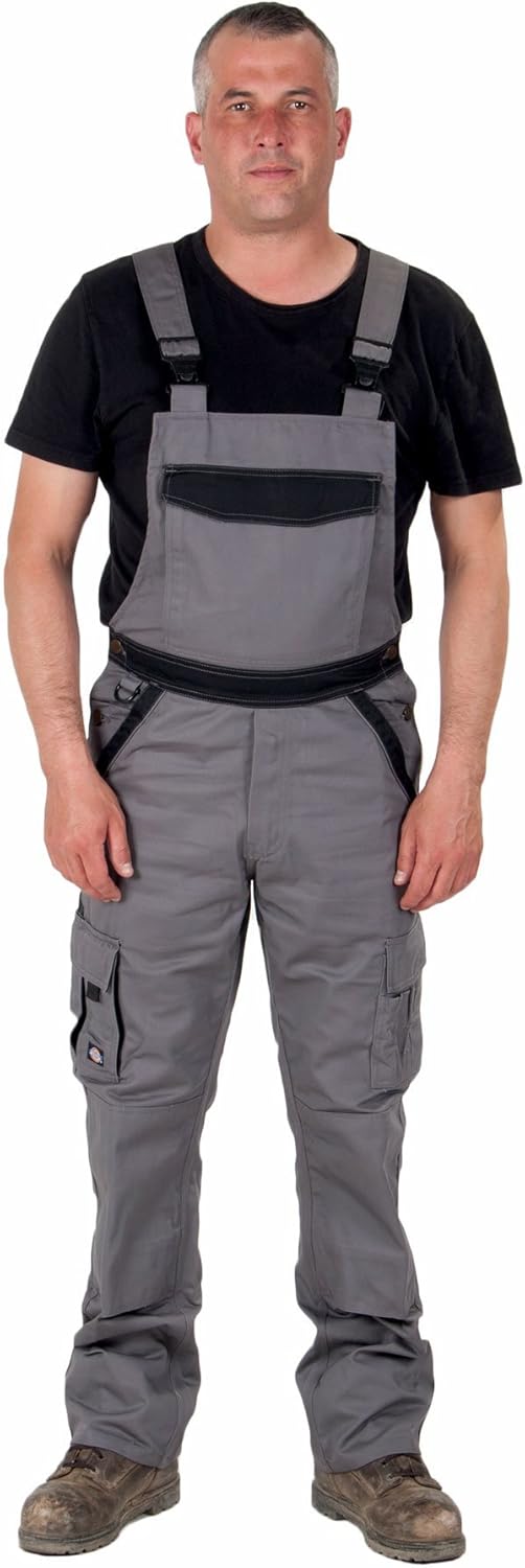 Dickies Bib and Brace Dungarees Grey/Black Mens Work Overalls