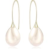 Voaino 925 Sterling Silver Big White Teardrop Pearl Dangle Drop Earrings for Women Lightweight Simple Gold Hoop Dainty Pearl Dangling for Brides Weddings