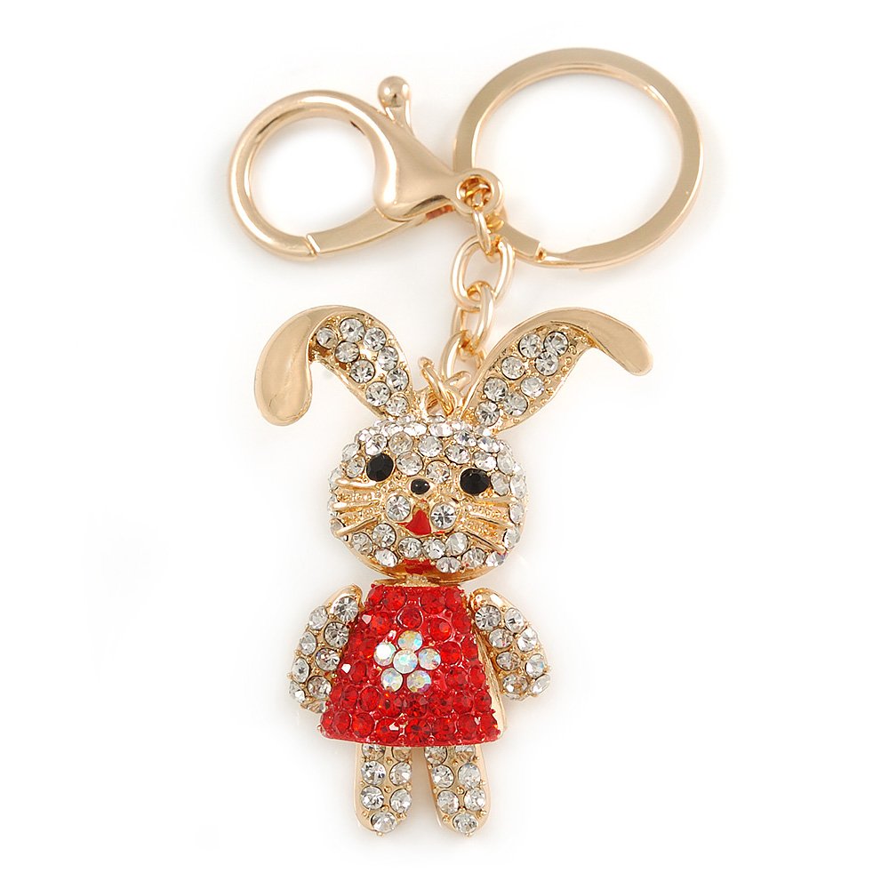 Avalaya Clear/Red Crystal Happy Easter Bunny Keyring/Bag Charm In Gold Tone Metal - 9cm L