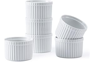 Amrules Ramekins 4 oz, Ramekin Set of 6 for Creme Brulee, White Ceramic Ramekins Bowls with Embossed Strips, Fluted Small bowl Cups Oven Safe for Baking Custard, Pudding, Muffins Cake