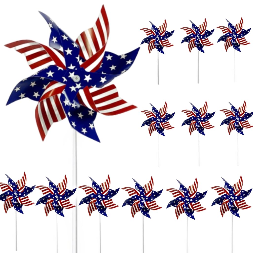 Photo 1 of 12 Packs American Flag Patriotic Pinwheels Red White and Blue Wind Spinners for 4th of July,Independence Day Decorations,Outdoor Garden Yard Decor, Party Supplies,Bird Repellent Device