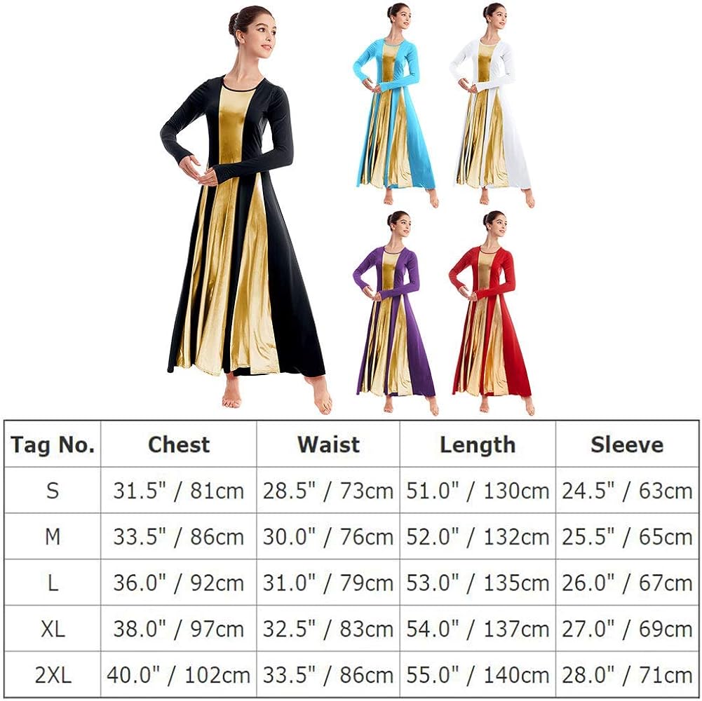 IBAKOM Womens Liturgical Praise Lyrical Dance Dress Loose Fit Full Length Metallic Color Block Long Sleeve Worship Costume: Clothing