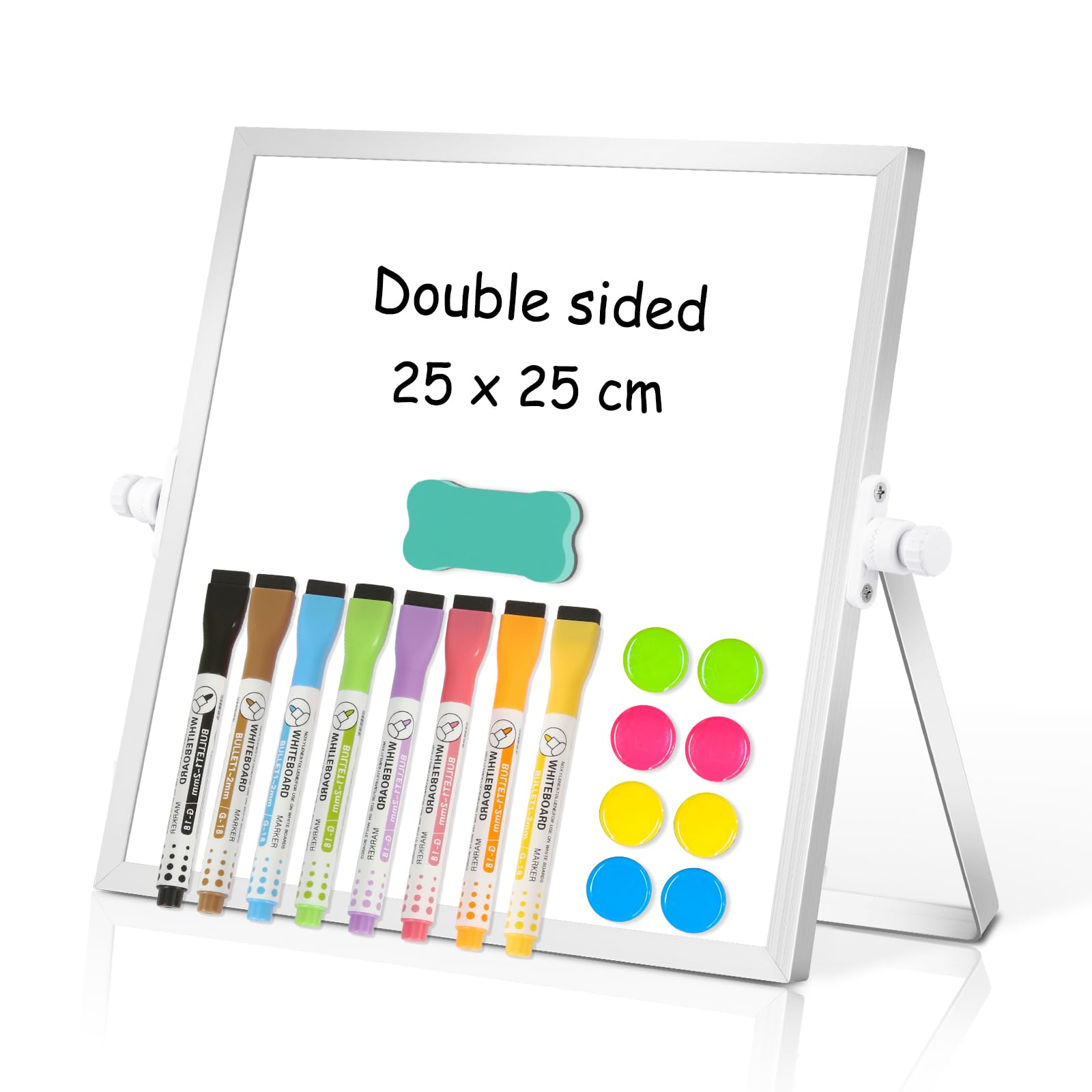 DOLLAR BOSS Magnetic Desktop Whiteboard 25x25cm Double Sided Dry Erase Small White Board with Stand, Mini Whiteboard, 1 Eraser, for Home, Office