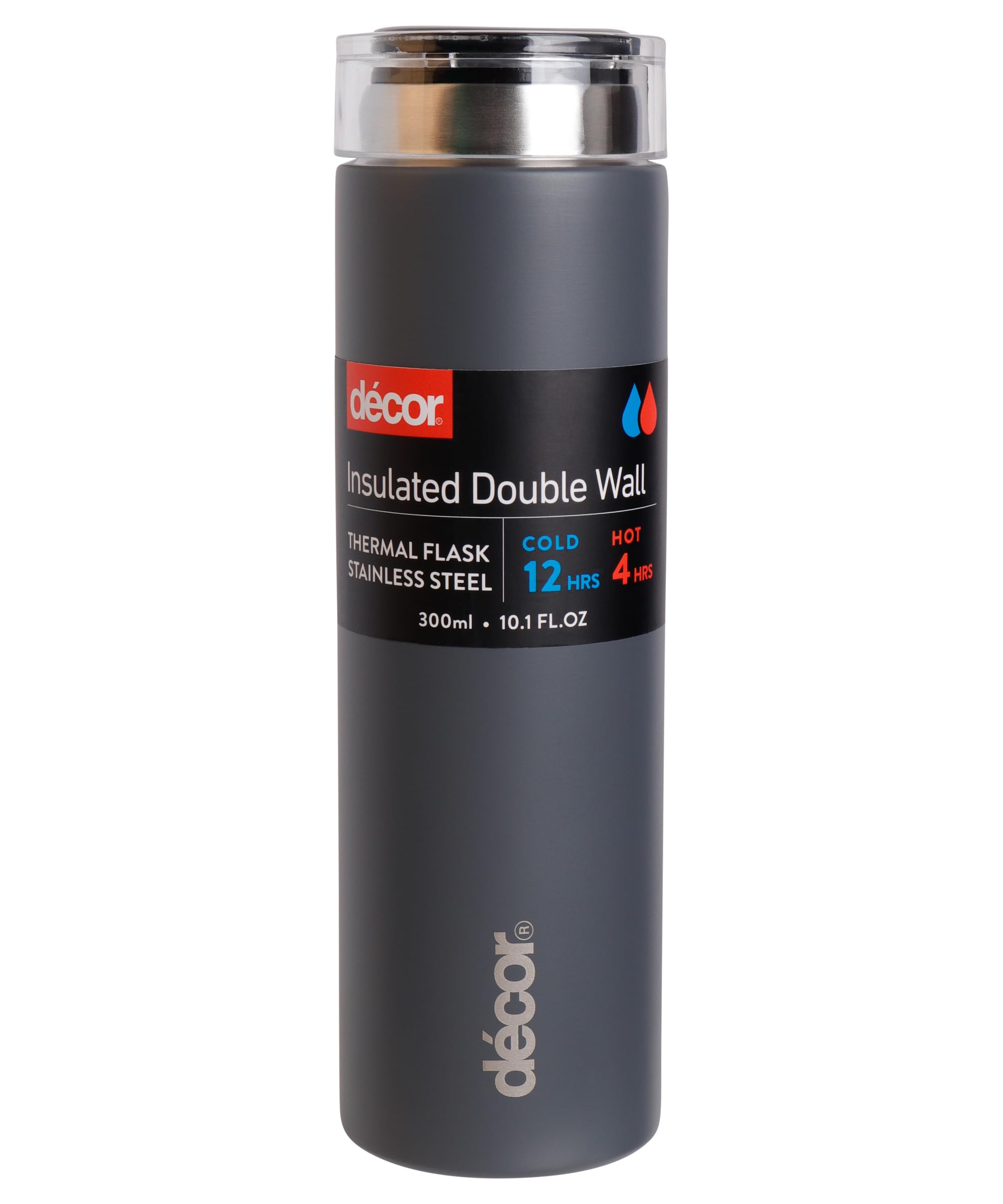 Décor Double Wall Stainless Steel Travel Mug - Keeps 4 Hours Hot - 12 Hours Cold - Car Cup Holder Compatible - Removable Screw Top Lid - 300ml Graphite.