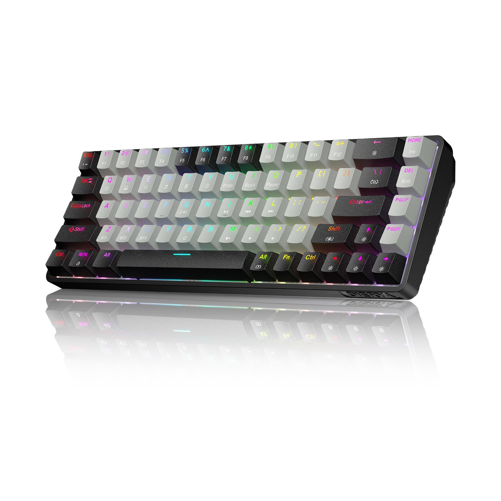 DIERYA DK68 60% Wireless Mechanical Gaming Keyboard, 3 Modes Bluetooth/2.4G/USB-C with Clicky Blue Switch, RGB Backlit, Anti-Ghosting, 68-Key Compact mini Keyboard for Windows/macOS/Linux- Black/Grey