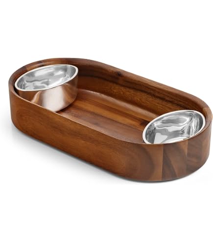 Nambe Canu Chip & Dip Server – Acacia Wood Tray With Removable Alloy Bowl, 22x5.5 Inches, Designer Scott Henderson