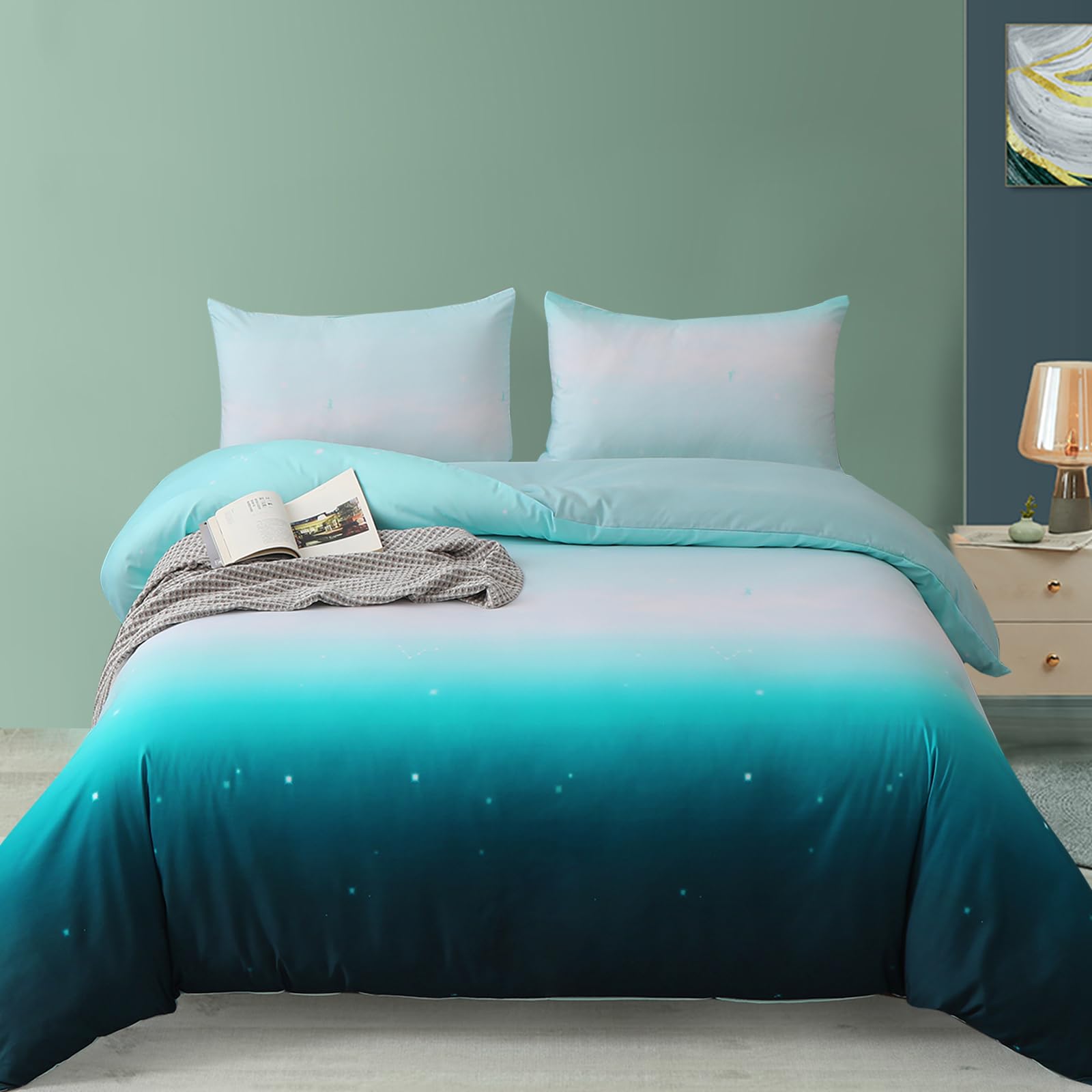 DJY Teal Gradient Bedding Set Star Design Duvet Cover Pillowcases with Zipper Closure for Kids Girls Teens Adults (Single Size 135x200cm) — image 1