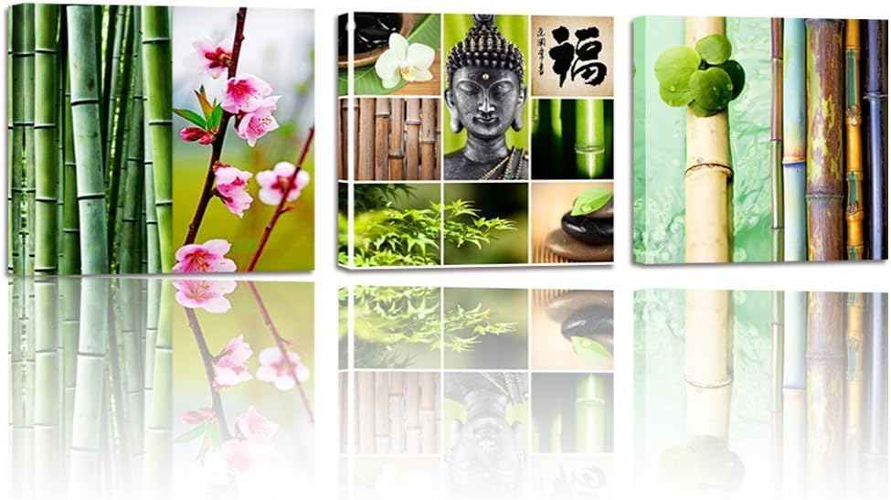 Canvas Wall Art,3 Panel Buddha Canvas Print,Bamboo,Zen Stone,Flower,Peaceful Buddha Act with CompassionReligious Style Canvas,Framed and Stretched,Ready to Hang on Wall