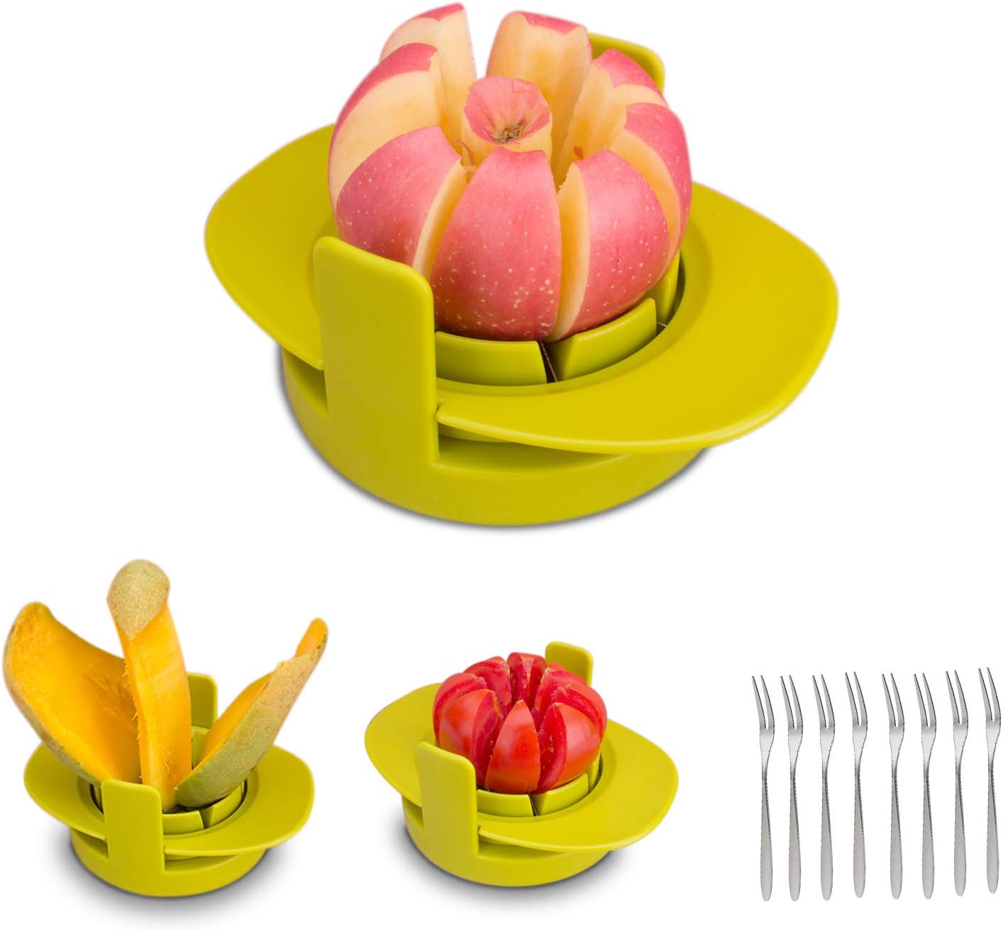HENSHOW Obstschneider Set, 4 in 1 Multifunktions Obstschneider gehören 3 Verschiedene scharfe Klingen aus rostfreiem Stahl Apfelschneider/Mango-Schneider/Tomatenschneider, mit 8 Fruchtgabel