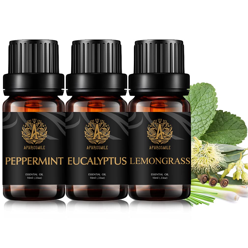 100% Pure Scented Oils, Therapeutic-Grade Aromatherapy Essential Oils Set - Peppermint Eucalyptus Lemongrass, Essential Oils Kit for Diffuser, Massage, Humidifier 3x10ml