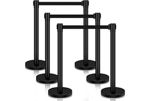 BURVAGY Crowd Control Stanchion,6-Pack Crowd Control Barrier with 6.6ft/2 m Black Retractable Belt,Black Crowd Control Barrier Metal Base,Easy Assembly