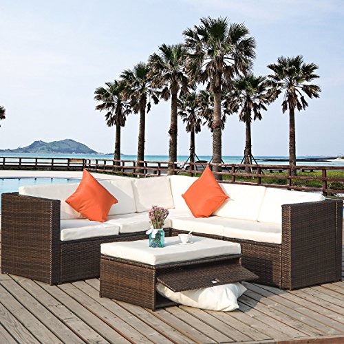 Merax 4 Piece Cushioned Outdoor Patio PE Rattan Furniture Set Sectional Garden Sofa (Brown ratta ...