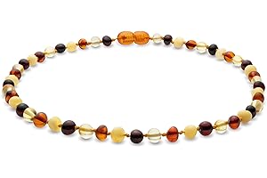 AMBER JEWELRY SHOP Natural Baltic Amber Necklace 13 inches - Knotted Between Beads- Polished Amber Beads- Multicolor