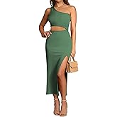 Pink Queen Women's One Shoulder Sleeveless Cutout Side Slit Bodycon Maxi Long Dress