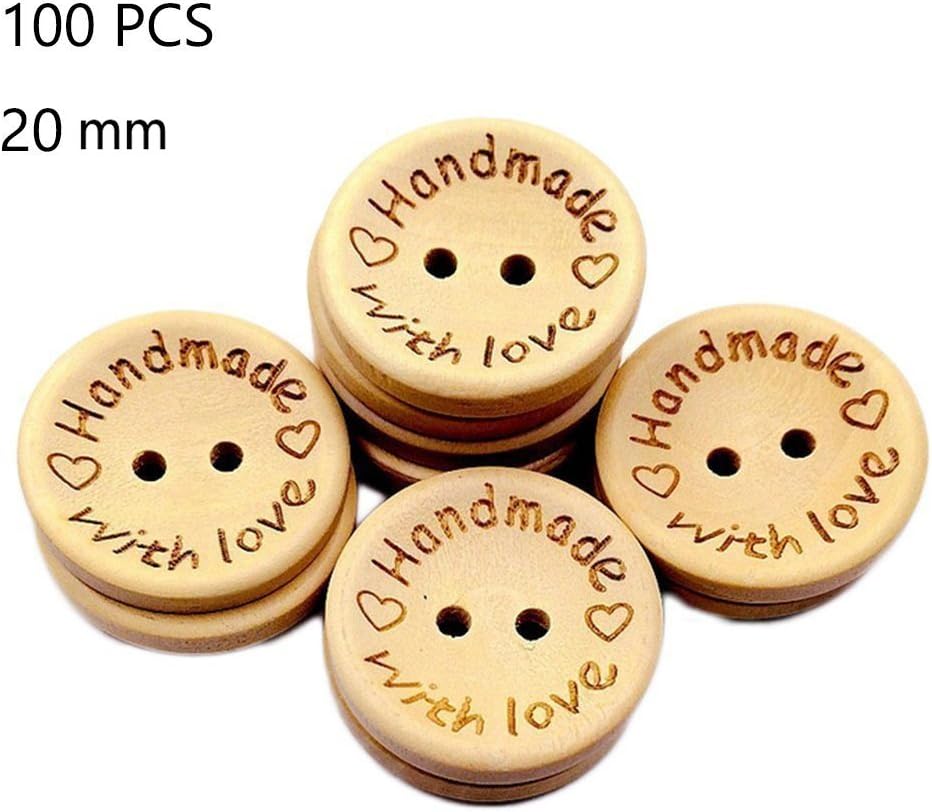 LVEDU100pcs Handmade Wooden Buttons with Love 20mm Cute Round Wooden Buttons for Clothes DIY Doll Clothing Sewing and Crafting