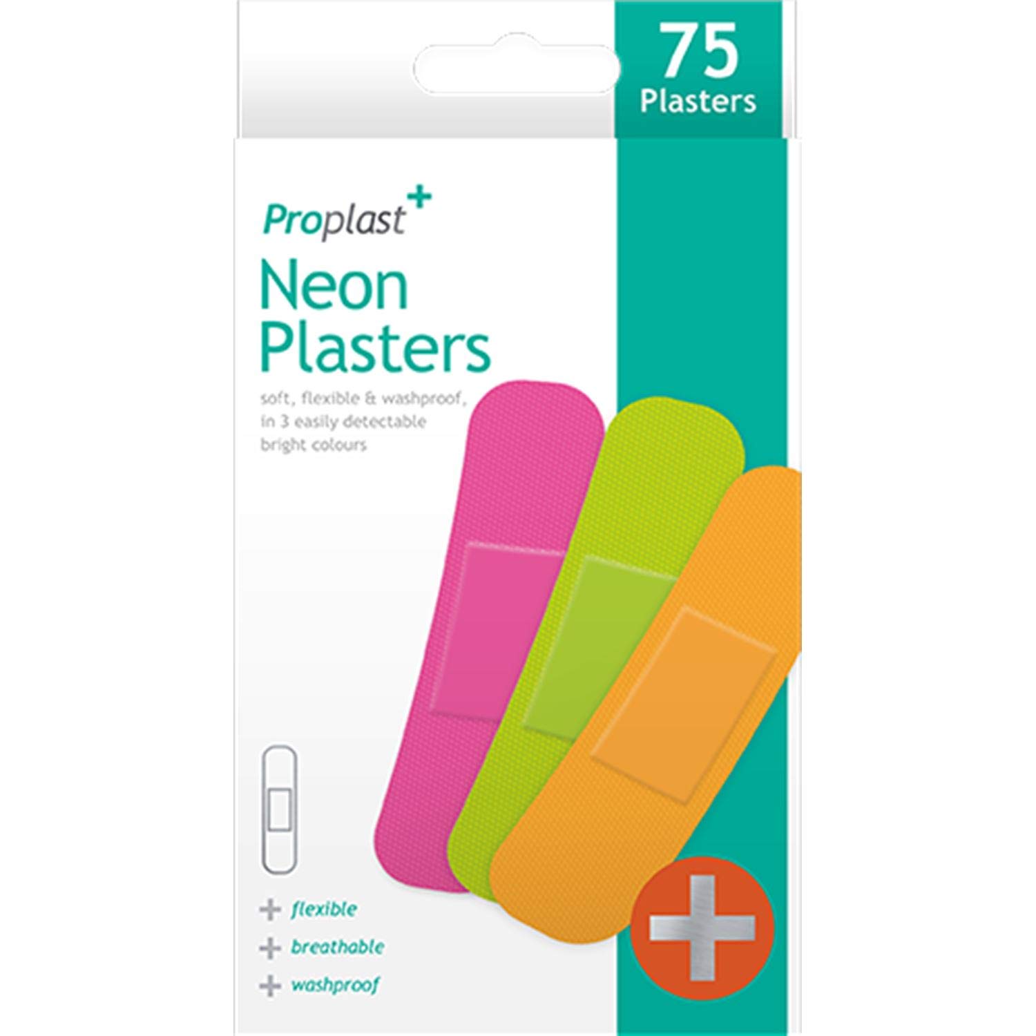 PROPLAST Neon Waterproof Plasters for Kids - Brightly Coloured, Easily Detectable Assorted - 75 Pieces
