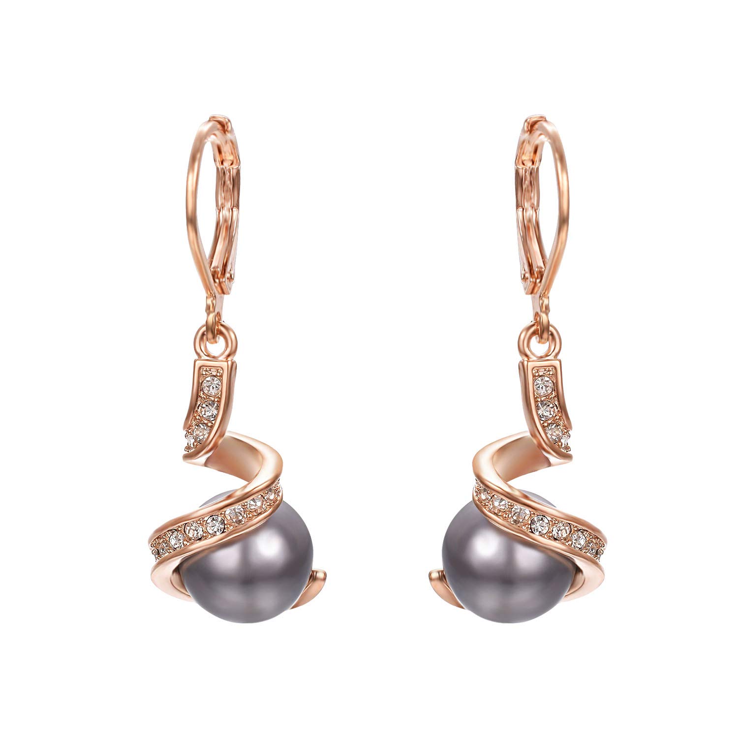Vogem Black Pearl Drop Earrings for Women Leverback Earrings with Spiral Cubic Zirconia 18ct Rose Gold Trendy Jewellery Gift