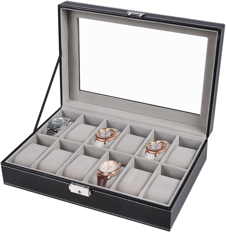 AWinEur Watch Box Glass Lid 12 Slots Watch Jewellery Display Storage