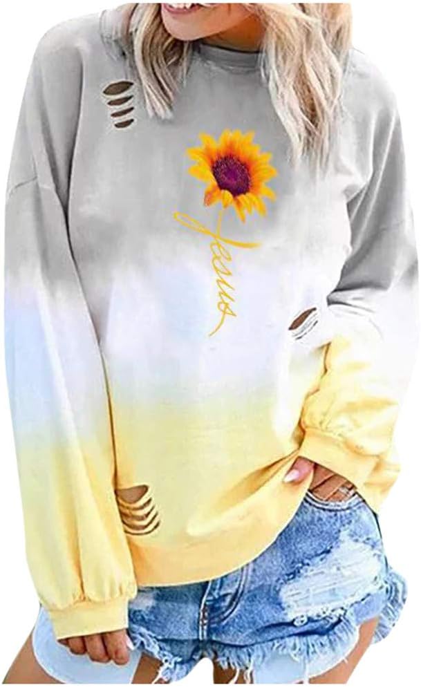 Sunmoot Clearance Sale Womens Pullover Gradual Printed Long Sleeve Thin Crew Neck Simple Relaxed Sweat Top Sweatshirts