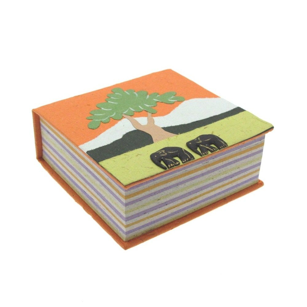 Elephant Dung Note Cube | Orange | 100 Sheets of Coloured Recycled Paper | Square Memo Pad Holder | 10cm x 10cm | Genuine Elephant Poo Notecube | Fair Trade and Handmade Elephant Gifts for Men and Women