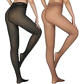 X-CHENG 2 Pairs Fleece Lined Tights Women-Thermal Pantyhose leggings Women,Fake Translucent Skin Colored Tights for Winter
